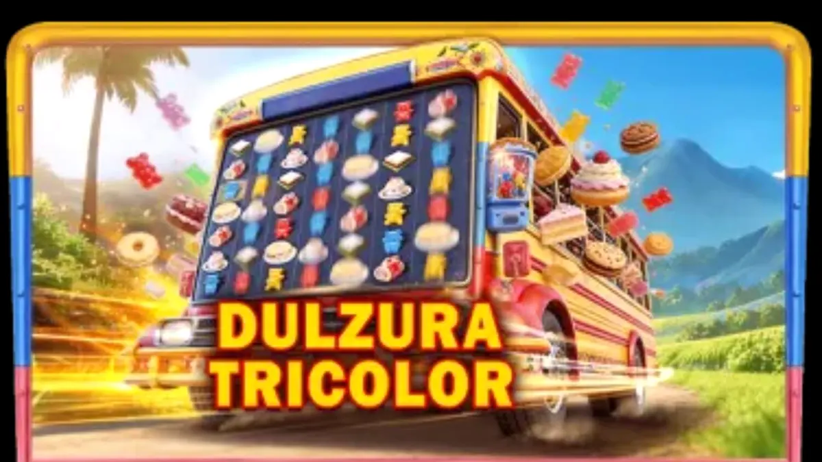 Dulzura Tricolor slot theme featuring colorful sweets and a tropical Colombian landscape.