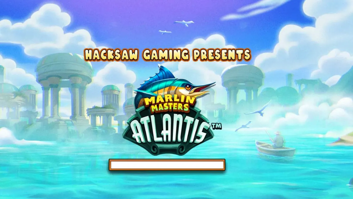 Cena do jogo Marlin Masters Atlantis com o pescador e o cenário de Atlântida ao fundo