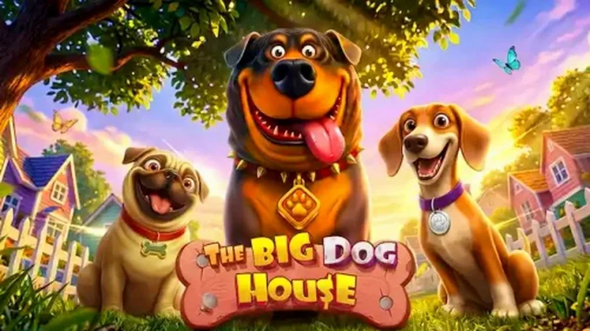 The Big Dog House slot machine interface showing canine characters and bonus symbols.
